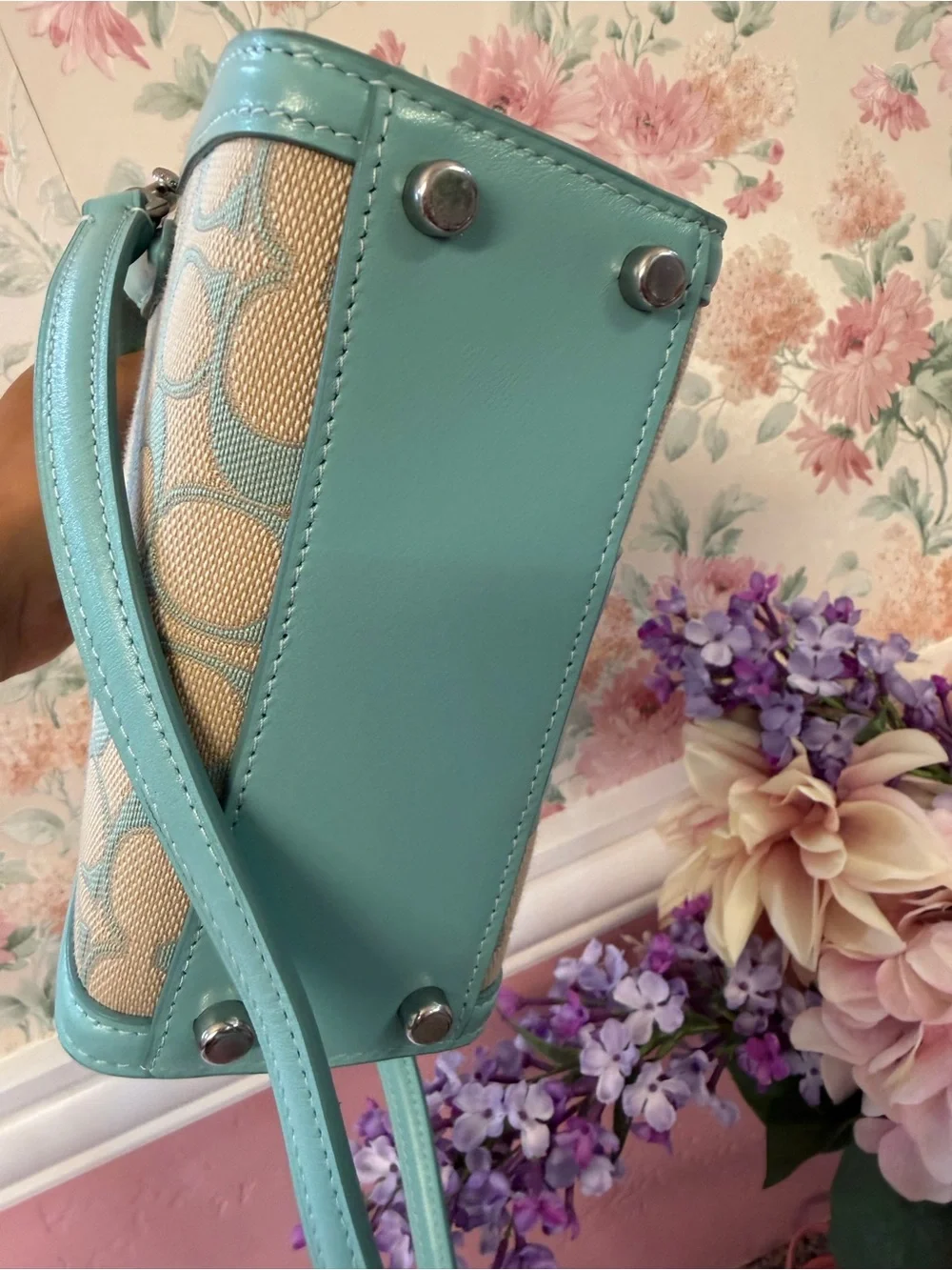 COACH Turquoise Mini Signature Canvas Crossbody Satchel